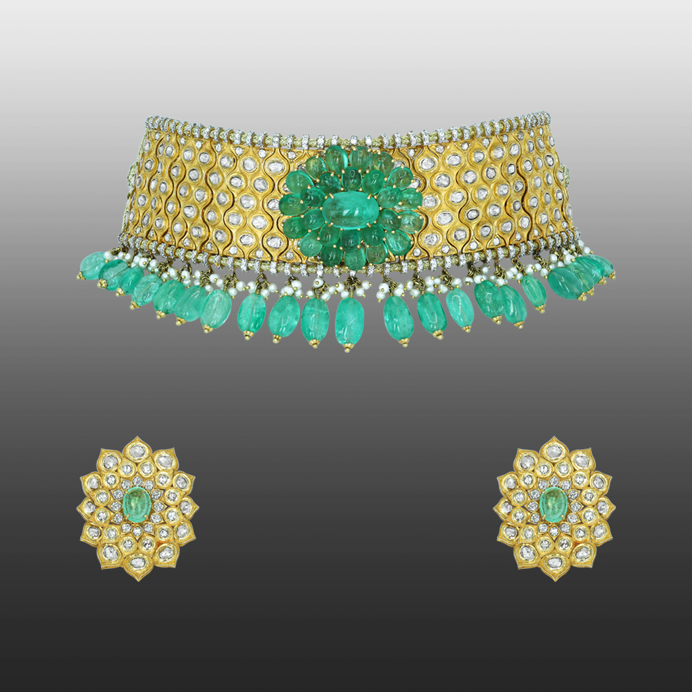 Polki Choker Set with Emerald Floral Motif and Drops